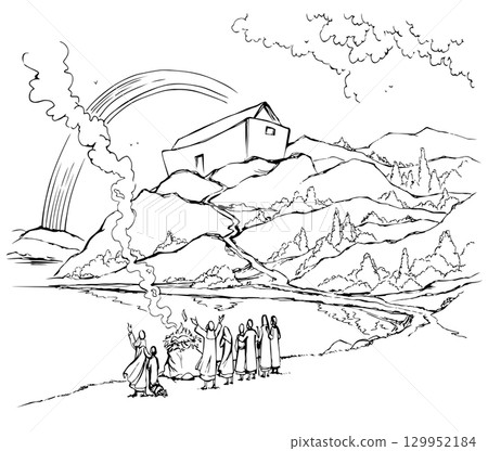 Vector drawing. Noah Offers a Sacrifice to God Vector drawing. Noah Offers a Sacrifice to God 129952184