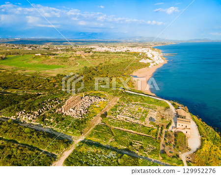 Selinunte ancient greek city aerial panoramic view, Sicily 129952276