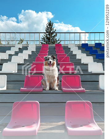 Aussie Australian Shepherd dog in blue marble color sits on stadium. Multicolored seats. Vertical 129952289