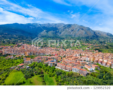 Castelbuono city aerial panoramic view in Sicily, Italy. 129952320