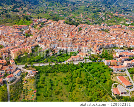 Castelbuono city aerial panoramic view in Sicily, Italy. 129952351
