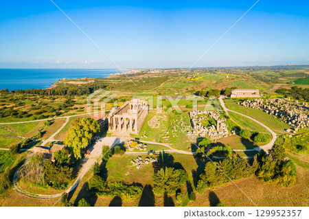 Selinunte ancient greek city aerial panoramic view, Sicily 129952357