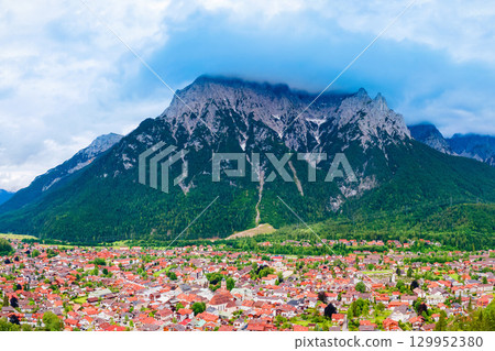 Mittenwald town aerial panoramic view, Germany 129952380