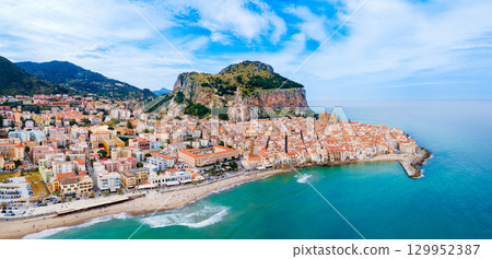 Cefalu city beach aerial panoramic view in Sicily 129952387