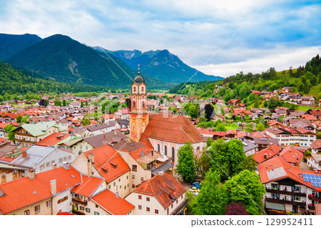 Mittenwald town aerial panoramic view, Germany 129952411