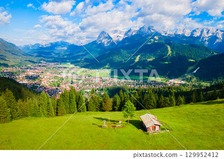 Garmisch-partenkirchen town aerial panoramic view, Germany Garmisch-partenkirchen town aerial panoramic view, Germany 129952412
