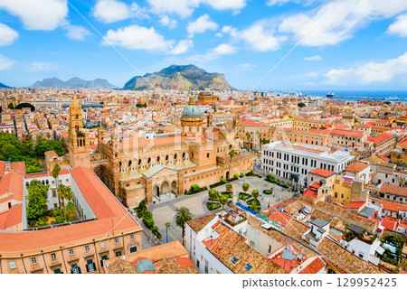 Palermo Cathedral or Duomo aerial panoramic view, Sicily 129952425