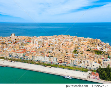 Syracuse city seafront aerial panoramic view in the Syracuse city seafront aerial panoramic view in the 129952426