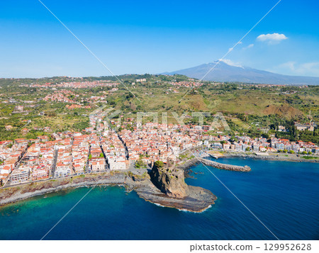 Aci Castello town aerial panoramic view, Sicily 129952628