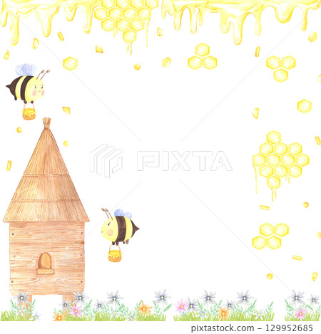 Golden honey comb with hive and bees frame border, hand drawn watercolor illustration isolated on white background. Can be used for cards, invitation and other printed products. Golden honey comb with hive and bees frame border, hand drawn watercolor illustration isolated on white background. Can be used for cards, invitation and other printed products. 129952685
