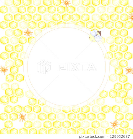 Golden honey comb with marigolds and bees frame border, hand drawn watercolor cell illustration isolated on white background. Can be used for cards, invitation and other printed products. Golden honey comb with marigolds and bees frame border, hand drawn watercolor cell illustration isolated on white background. Can be used for cards, invitation and other printed products. 129952687