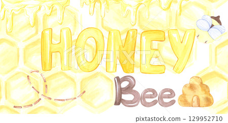 Golden honey bee text comb and bee seamless frame border, hand drawn watercolor illustration isolated on white background. Can be used for cards, textile tape and other printed products. Golden honey bee text comb and bee seamless frame border, hand drawn watercolor illustration isolated on white background. Can be used for cards, textile tape and other printed products. 129952710