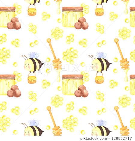 Golden honey comb jars bee seamless pattern, hand drawn watercolor illustration isolated on white background. Can be used for wrapping, textile scrapbook and other printed products. 129952717