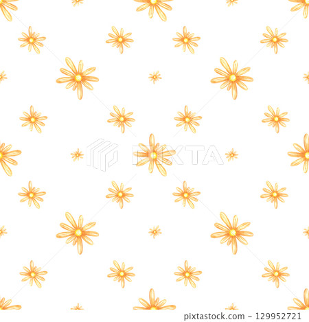 Orange marigold flowers seamless pattern, hand drawn watercolor illustration isolated on white background. Can be used for textile, wrapping paper and other printed products. 129952721