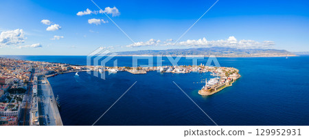 Santissimo Salvatore Fort and city port aerial view, Messina Santissimo Salvatore Fort and city port aerial view, Messina 129952931
