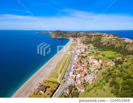 Milazzo city beach aerial panoramic view, Sicily 129952969
