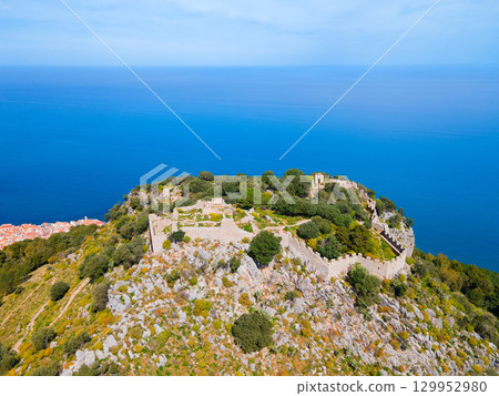 Cefalu castle aerial panoramic view in Sicily, Italy. Cefalu castle aerial panoramic view in Sicily, Italy. 129952980