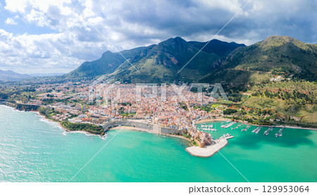 Castellammare del Golfo town aerial panoramic view 129953064