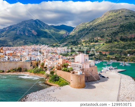 Arab Norman Castle aerial panoramic view in Castellammare 129953071