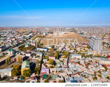 Kalai Mug Tepe Fort aerial panoramic view, Tajikistan 129953084