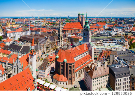 Marienplatz aerial panoramic view in Munich city, Germany 129953086