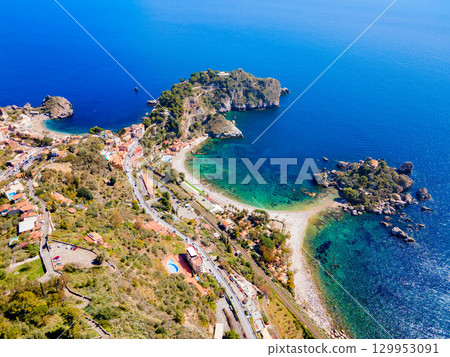 Isola Bella beach aerial panoramic view in Taormina Isola Bella beach aerial panoramic view in Taormina 129953091