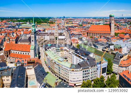 Marienplatz aerial panoramic view in Munich city, Germany 129953092