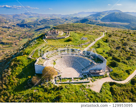 The Greek Theater of Segesta aerial panoramic view 129953095