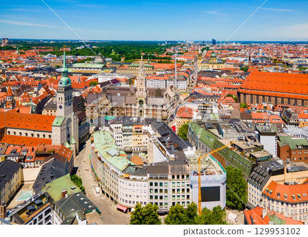 Marienplatz aerial panoramic view in Munich city, Germany 129953102