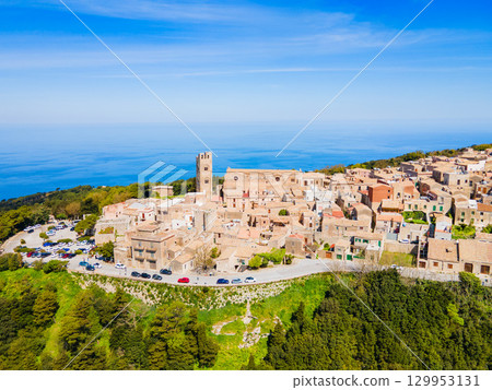 Erice town aerial panoramic view in Sicily Erice town aerial panoramic view in Sicily 129953131