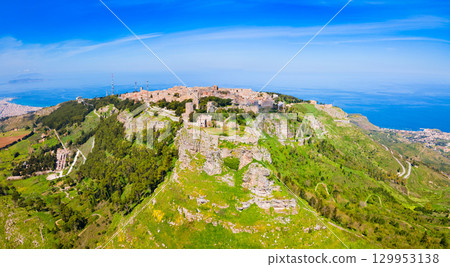 Erice town aerial panoramic view in Sicily 129953138
