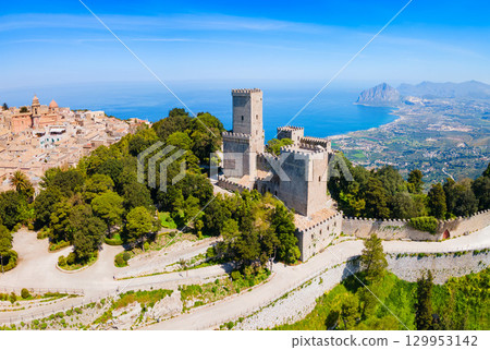 The Balio Towers aerial panoramic view in Erice 129953142