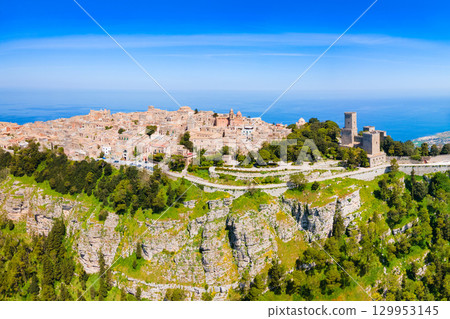 Erice town aerial panoramic view in Sicily 129953145