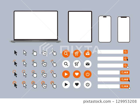 Set of icons of arrows and fingertips clicking buttons on digital devices 129953208