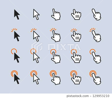 Set of icons of arrows and fingertips clicking buttons on digital devices 129953210