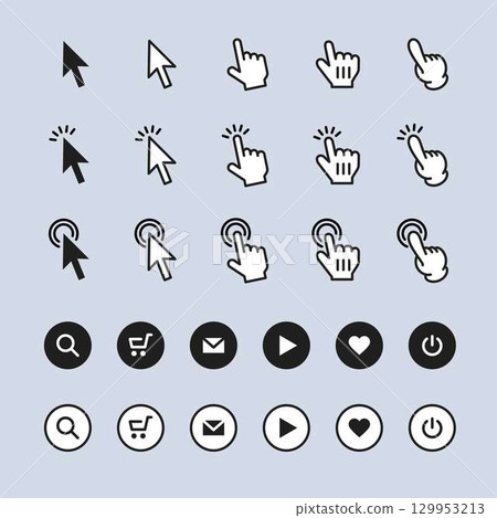 Set of icons of arrows and fingertips clicking buttons on digital devices 129953213