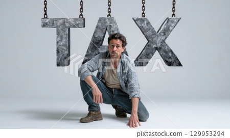 Man crouching under large hanging metal letters spelling tax, looking worried and stressed about financial burden 129953294
