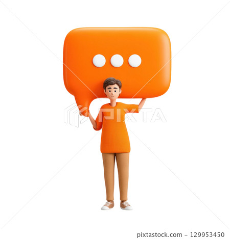 Young man holding large orange speech bubble with three white dots, symbolizing communication and messaging in cheerful style 129953450