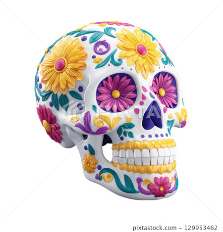 Colorful decorated skull with floral patterns and vibrant petals, symbolizing festive celebration and artistic expression 129953462