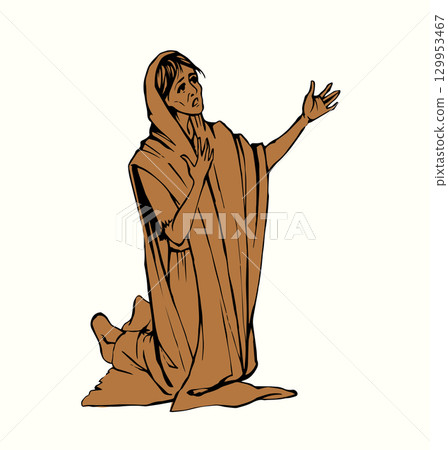 A starving woman asks for help. Vector drawing A starving woman asks for help. Vector drawing 129953467