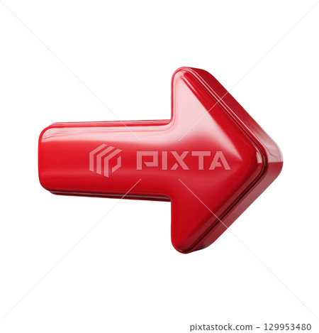 Red arrow icon with glossy finish pointing right, symbolizing direction and movement in vibrant and clear design 129953480