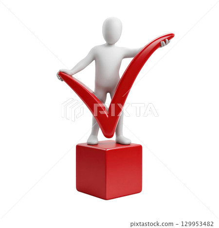 White 3d person holding red check mark standing on red cube, symbol of success and approval, positive concept 129953482