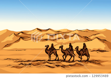 Camel caravan travels. Vector drawing Camel caravan travels. Vector drawing 129953489