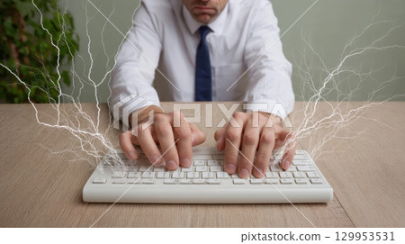 Typing hands on keyboard with electric lightning effect, business man working intensely on computer with focus and energy 129953531