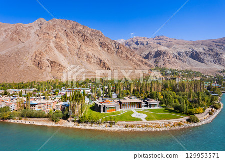 Ismaili Jamatkhana Centre aerial view in Khorog city, Tajikistan 129953571