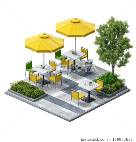 Outdoor cafe seating with yellow umbrellas and chairs on tiled patio surrounded by greenery and tree, inviting and bright atmosphere 129953632
