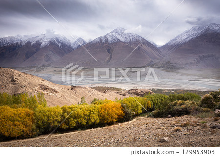 Panj river in Wakhan Corridor, border between Afghanistan and Tajikistan 129953903