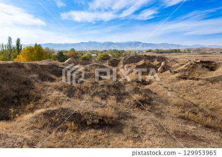 Ancient Penjikent ruins aerial panoramic view, Tajikistan 129953965