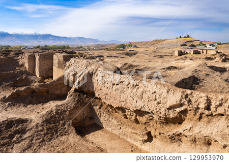 Ancient Penjikent ruins aerial panoramic view, Tajikistan 129953970