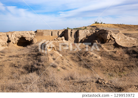 Ancient Penjikent ruins aerial panoramic view, Tajikistan 129953972